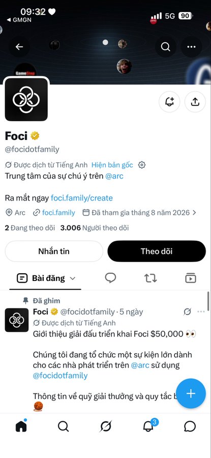 A mobile screenshot of a Twitter/X profile for 'Foci' (@focidotfamily) showing a pinned post announcing a $50,000 developer contest launching at foci.family/create.