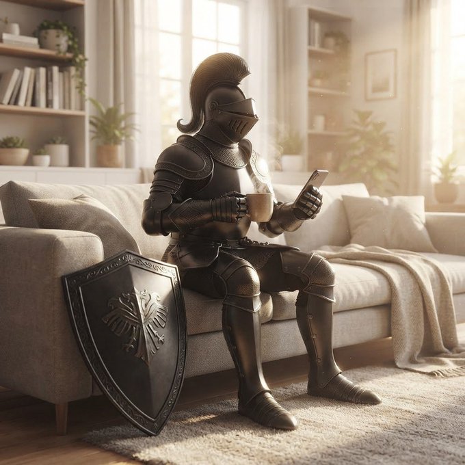 A surreal scene of a knight in full armor sitting on a couch holding a mug and phone, with a shield resting beside him.