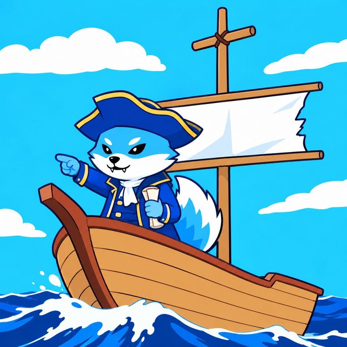 A cartoon illustration of a blue dog character dressed as a pirate captain on a wooden ship with sails, sailing on ocean waves under a cloudy sky.
