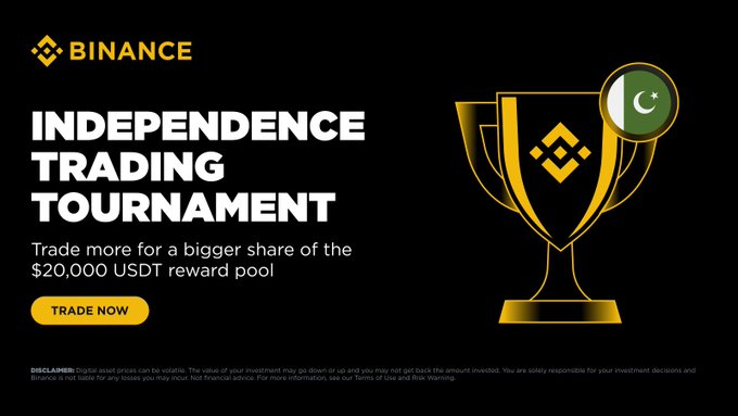 A Binance promotional image announces an "Independence Trading Tournament" featuring the Pakistani flag on a gold trophy, inviting Pakistan traders to compete for a $20,000 USDT reward pool with a "Trade Now" call-to-action button.

The caption reflects the image as a Pakistan-exclusive campaign celebrating Independence Month, where the Binance branding and $20,000 USDT prize pool tie directly into the post's message about climbing a leaderboard to win rewards.