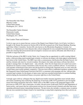 A United States Senate letter dated July 7, 2021, from Senators Sherrod Brown, Charles Schumer, and Elizabeth Warren addresses the Honorable Charles Schumer regarding the Digital Asset Market Clarity Act.