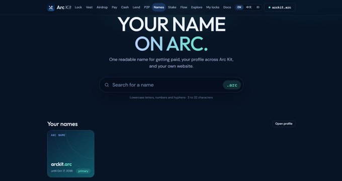 An Arc Kit webpage reading “YOUR NAME ON ARC.” and “One readable name for getting paid, your profile across Arc Kit, and your own website,” with a search field labeled “Search for a name.”