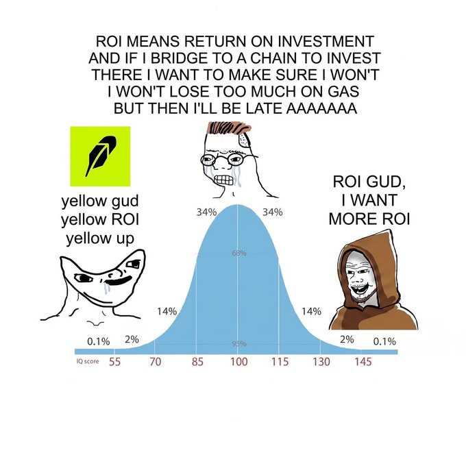 A bell curve meme centered around an IQ score of 100, depicting three characters at different intelligence levels (labeled 2%, 34%, and 34%) discussing "ROI" (Return on Investment), with the caption "ROI MEANS RETURN ON INVESTMENT AND IF I BRIDGE TO A CHAIN TO INVEST THERE I WANT TO MAKE SURE I WON'T LOSE TOO MUCH ON GAS BUT THEN I'LL BE LATE AAAAAA," humorously illustrating the overthinking involved in purchasing $ROI on Robinhood.