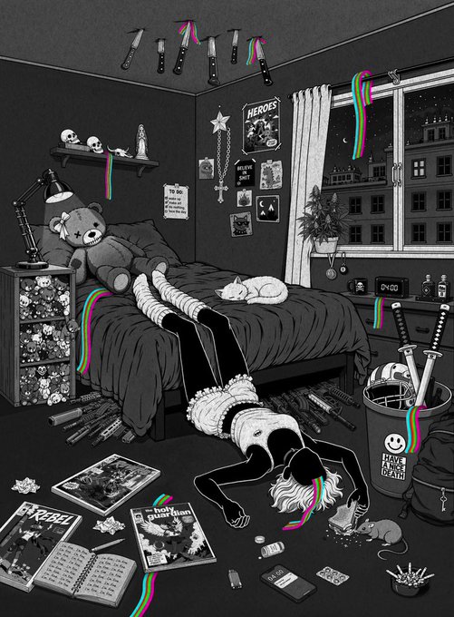 Black and white gothic illustration of a messy bedroom featuring knives mounted on the wall, a teddy bear, anime posters, a sleeping cat, and a girl in torn stockings collapsed on the floor surrounded by manga, cigarettes, and a 'Have A Nice Death' bucket.