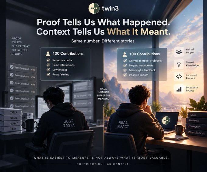 A conceptual graphic for 'twin3' with the text 'Proof Tells Us What Happened. Context Tells Us What It Meant,' comparing two identical '100 Contributions' profiles—one focused on task completion and the other on real impact and problem-solving.