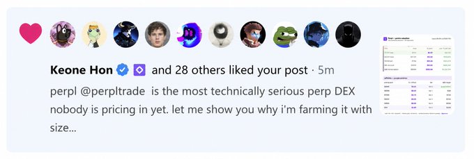 A social media notification shows Keone Hon (with a verified blue checkmark) and 28 others liked a post stating "perpl @perpltrade is the most technically serious perp DEX nobody is pricing in yet. let me show you why i'm farming it with size..." alongside a preview of what appears to be a trading dashboard. The endorsement from Keone Hon, a notable figure in the Monad ecosystem, serves as social proof encouraging users to bridge into Monad and trade on the perpl DEX using the referral code "UKjE."