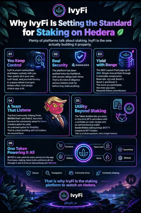 An infographic titled 'Why IvyFi Is Setting the Standard for Staking on Hedera' featuring six numbered points including 'You Keep Control', 'Real Security' (with Hashlock audit), and 'Yield with Range' up to 80% APR.