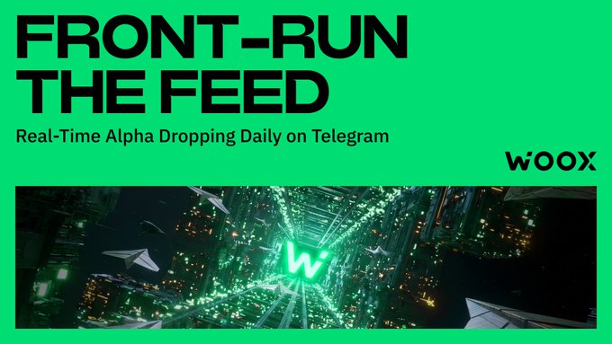 Promotional graphic for WOOX featuring the bold headline "FRONT-RUN THE FEED" with the tagline "Real-Time Alpha Dropping Daily on Telegram," displayed over a futuristic cityscape with a glowing "W" logo, visually reinforcing the post's call to join the WOOX Telegram community for exclusive alpha and announcements.