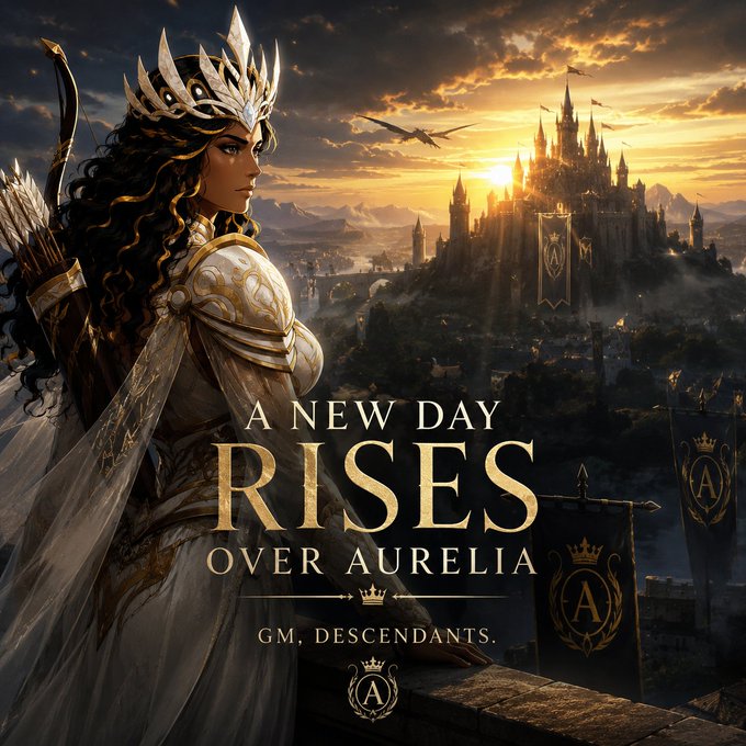 A fantasy-style promotional image featuring a queen with a crown and bow, overlooking a castle, with the text "A NEW DAY RISES OVER AURELIA GM, DESCENDANTS."