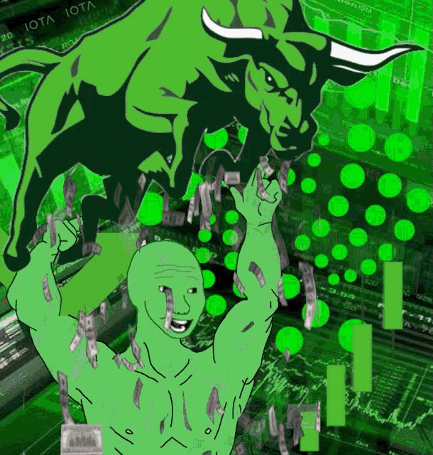 A green muscular figure triumphantly holds up a charging bull overhead, set against a backdrop of green candlestick charts and stock tickers displaying "IOTA," symbolizing bullish strength and conviction during the early stages of a market rally despite widespread fear during pullbacks.