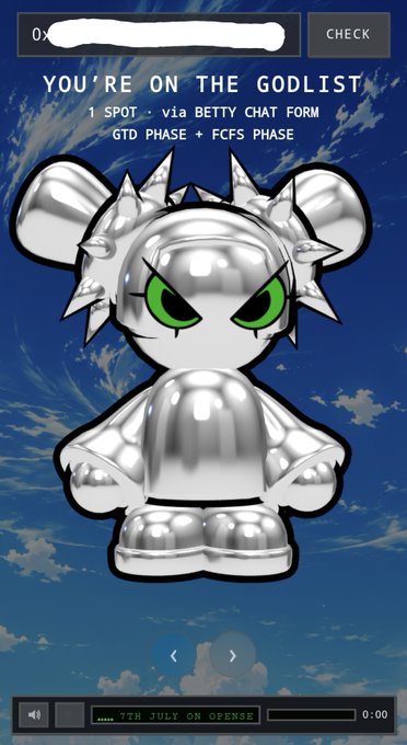 A digital NFT-style artwork featuring a chrome-textured cartoon character with green eyes and spiky hair against a sky background, with text reading 'YOU'RE ON THE GODLIST', '1 SPOT via BETTY CHAT FORM', 'GTD PHASE + FCFS PHASE', and '7TH JULY ON OPENSEA'.