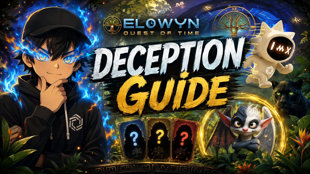 An anime-style promotional graphic for 'ELOWYN QUEST OF TIME - DECEPTION GUIDE' featuring a blue-eyed anime character, a white cat-like creature with 'IMX' on its face, three mystery cards, a panther, and a small bat-like creature.