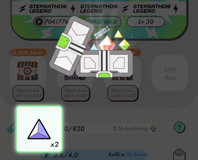 A screenshot from a mobile game featuring a 'STEPNATHON LEGEND' event, showing an opened loot box with colorful gems and buttons to open more boxes for GST currency.