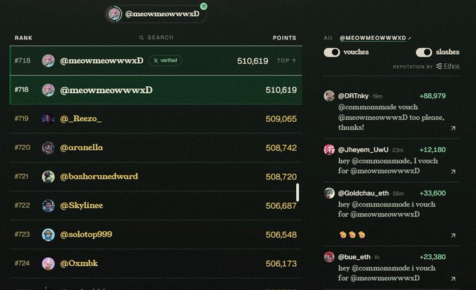A ranking leaderboard screenshot showing user @meowmeowwwxD at rank #718 with 510,619 points, alongside a feed of users vouching with points under the @MEOWMEOWWXD account.
