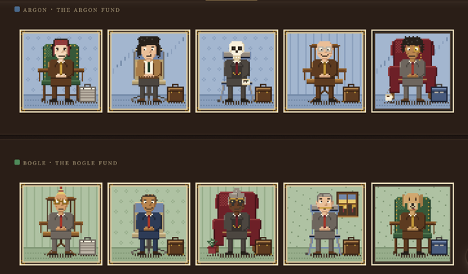 A pixel art display showcases two NFT collections: "ARGON • THE ARGON FUND" featuring five seated characters in suits including a ghost and skeleton, and "BOGLE • THE BOGLE FUND" showing five similarly styled seated figures in business attire, representing the $TMF token-backed seat NFTs described in the post.