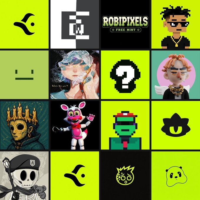 The image displays a 4x4 grid of NFT collection thumbnails, including logos and characters for Hood Skerb, EchoWoven, and ROBIPIXELS (marked "FREE MINT"), along with a question mark placeholder likely indicating an upcoming or unannounced drop. This serves as a visual companion to the post listing these three NFT mints on August 15, with their respective mint times, prices, and supply details.