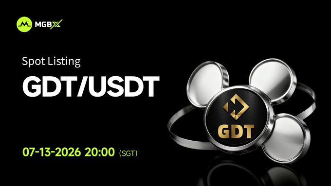Promotional graphic for MGBX spot listing of GDT/USDT on 07-13-2026 20:00 (SGT), showing a 3D metallic GDT coin with a black and gold logo on a dark background.