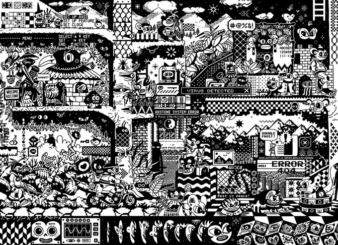 A complex black and white pixel art illustration depicting a chaotic, glitch-themed scene filled with various characters, 'ERROR' messages, 'VIRUS DETECTED', and retro video game references.
