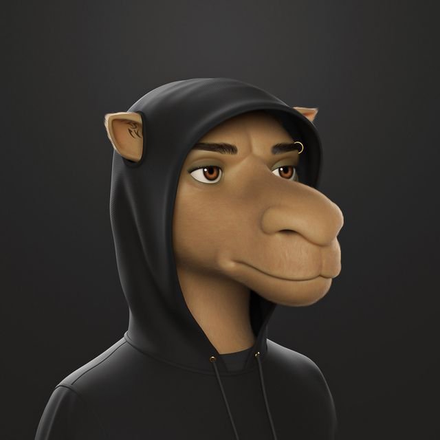 A 3D rendered portrait of a humanoid character with brown skin, a large elongated snout, pointed elf-like ears, and a gold eyebrow piercing, wearing a black hoodie.