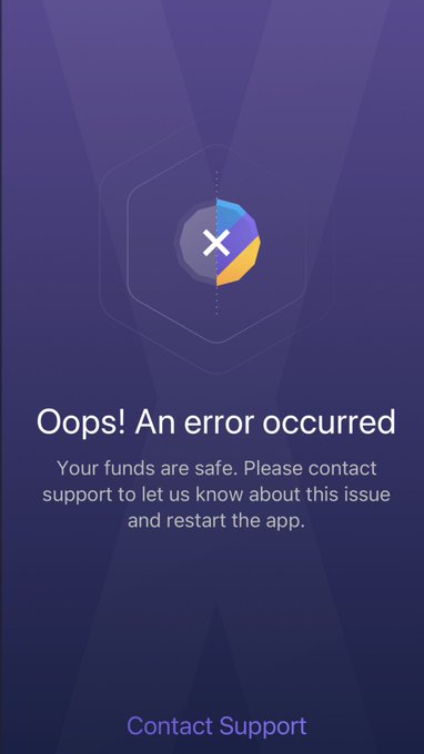 An error screen displays the message "Oops! An error occurred" with the reassurance "Your funds are safe. Please contact support to let us know about this issue and restart the app," along with a "Contact Support" button. The image appears to be a criticism of a mobile wallet app experiencing technical issues, suggesting that reliability is a key concern when choosing a mobile wallet.