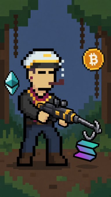A pixel art character wearing a white cap, smoking a pipe, and holding a futuristic gun, with an Ethereum diamond icon on the left and a Bitcoin coin icon on the right in a forest setting.