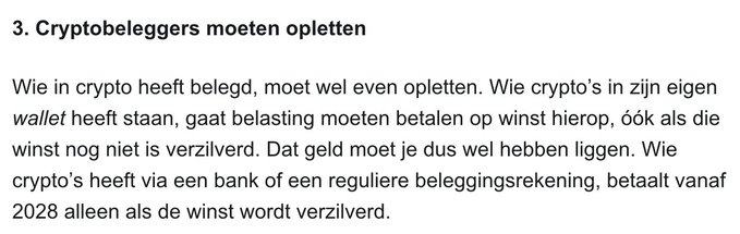 A Dutch text article with the heading '3. Cryptobeleggers moeten opletten', explaining that crypto investors holding crypto in their own wallets must pay taxes on gains even if unrealized, while those holding via a bank or regular investment account only pay from 2028 onward once profits are realized.