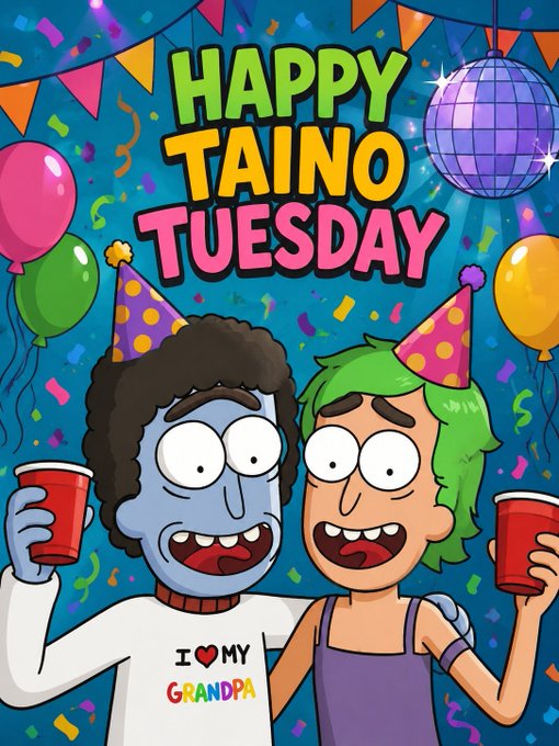A festive illustration reads 'HAPPY TAINO TUESDAY' featuring two cartoon characters wearing party hats and holding red cups, with one shirt displaying 'I ❤ MY GRANDDPA'.