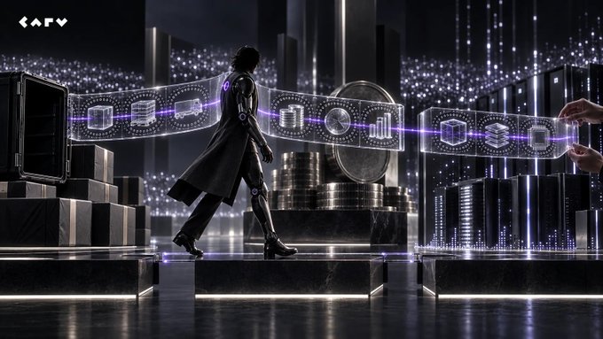A figure in a futuristic coat walks past stacks of coins and glowing digital data streams displaying charts and icons, with a "CARV" logo in the upper left. The image visually represents CARV's role in authenticating and verifying reputation data, aligning with the post's message about seamless trust validation across platforms via ERC-8004 standards.