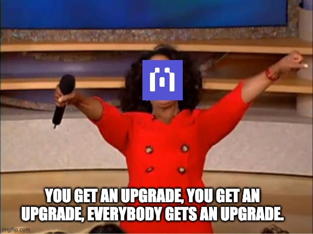 The image features a woman wearing a red dress, holding a microphone with her arms raised high above her head. The background of the image shows a blue screen displaying text related to Ethereum Security QF Round projects. The caption below the image reads "You get an upgrade, you get an upgrade!".