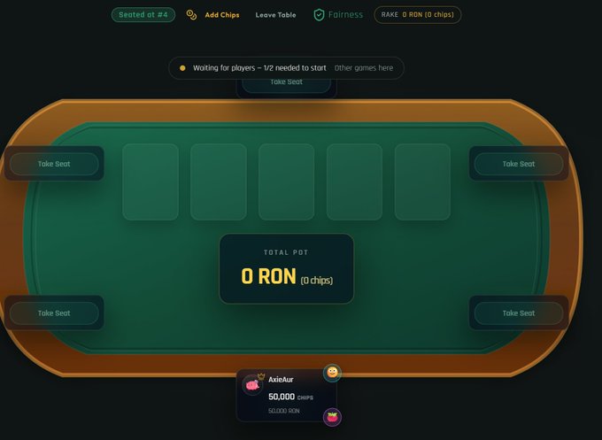 An empty online poker table interface waiting for players, showing 'Waiting for players - 1/2 needed to start' with a total pot of 0 RON chips, rake set at 0 RON, and one player named 'Aziekar' with 50,000 chips currently seated.