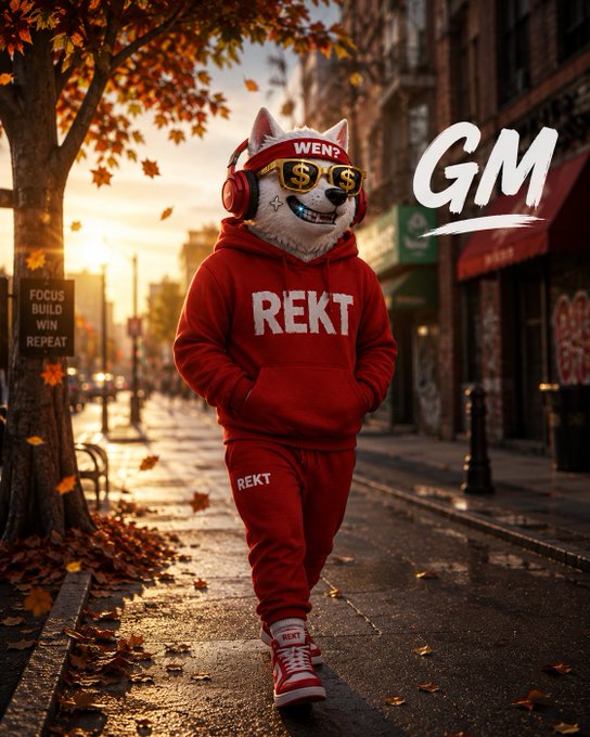 An AI-generated image of a dog wearing a red tracksuit with 'REKT' printed on it, dollar-sign sunglasses, headphones, and a 'WEN?' headband, standing on a leaf-strewn city sidewalk at golden hour, with a 'GM' graphic and a sign reading 'FOCUS BUILD WIN REPEAT'.