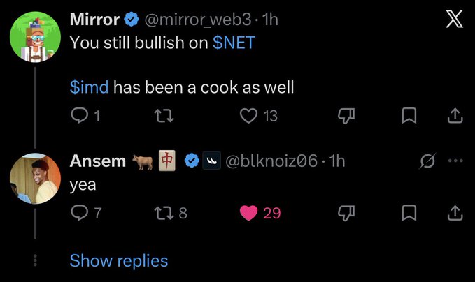 A screenshot of a Twitter/X exchange where user @mirror_web3 says "You still bullish on $NET" and notes "$imd has been a cook as well," to which Ansem (@blknoiz06) replies simply "yea." This bullish confirmation from Ansem aligns with the accompanying post's argument that $NET is undervalued compared to OHM's 425M valuation and is worth continuing to accumulate.