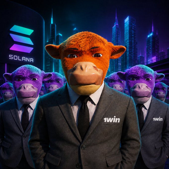 A 3D-rendered image of a bull character in a suit wearing a '1win' badge, standing in front of a crowd of purple bulls also in suits with '1win' badges, with the Solana logo and neon city skyline in the background.