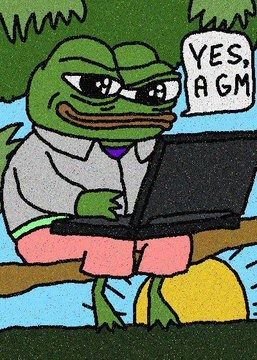 A cartoon illustration of the Pepe the Frog character wearing glasses, a gray shirt, and pink shorts while sitting at a laptop in a tropical setting, with a speech bubble reading 'YES, AGM'.