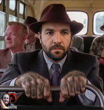 AI-generated image of a bearded man in a fedora on a bus with hands gripping a railing, branded with 'The GROTO' watermark.