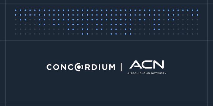 A digital banner displays 'CONCORDIUM' and 'ACN AITECH CLOUD NETWORK' branding against a dark blue background with a dotted pattern.