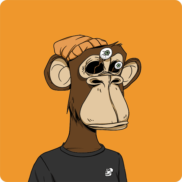 A cartoon illustration of Bored Ape #5005 from the Bored Ape Yacht Club NFT collection, featuring a brown ape wearing a tan beanie and black t-shirt with distinctive mismatched eyes (one blank, one with a green iris) against an orange background.