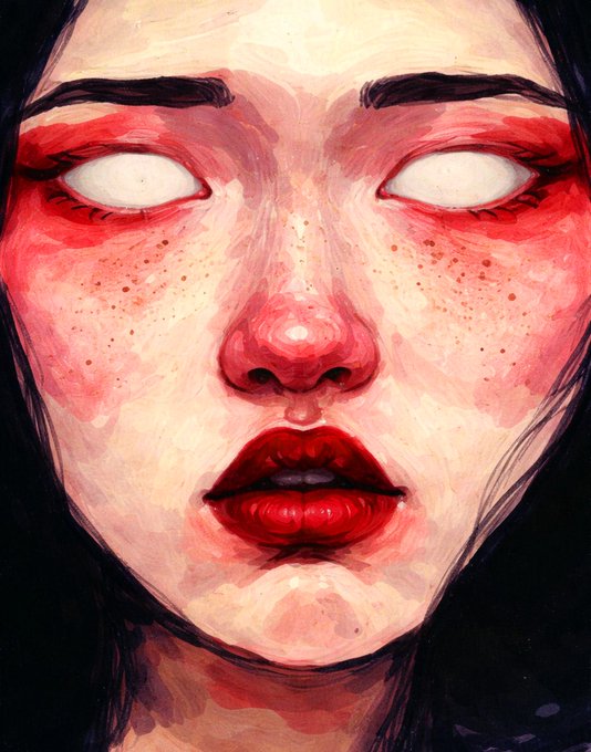 A close-up painted portrait of a face with blank white eyes, heavy red makeup around the eyes and lips, and red-tinted skin with freckles.