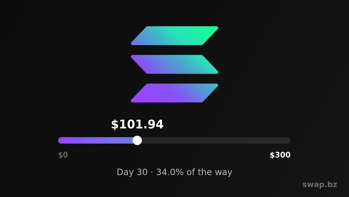 A Solana logo above a progress bar showing '$101.94' with text 'Day 30 · 34.0% of the way' and a 'swap.bz' watermark.