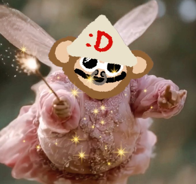 A whimsical image of a pink fairy-like figure holding a magic wand, edited with a cartoon bear face wearing a beanie with ":D" on it.
