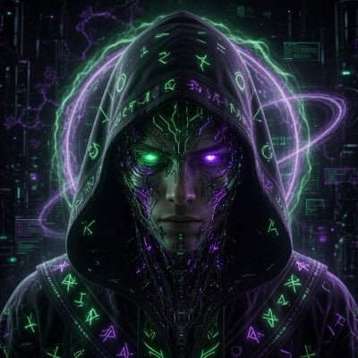 A hooded cyberpunk figure with glowing green and purple eyes, adorned with arcane symbols etched into its face and cloak, is surrounded by swirling purple and green energy rings. The futuristic, mystical aesthetic aligns with the YOTSingularity brand aesthetic showcased via the upgraded PFP tool at yots-pfp.vercel.app/forge.