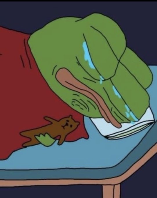 A tearful green cartoon hand clutches a handkerchief while sitting next to a sad teddy bear on a bed, depicting deep sorrow. The image humorously illustrates the post's lament about an investment portfolio suffering significant losses ("dumping").
