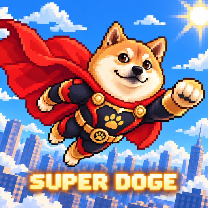 The image shows a pixel-art Shiba Inu dog dressed as a superhero with a red cape and golden-accented armor flying over a city skyline, with "SUPER DOGE" displayed in glowing text at the bottom. The artwork visually reinforces the post's theme of a heroic crypto mascot "sending to the moon," with the superhero pose embodying the launch announcement for the $SuperDoge token on Solana.