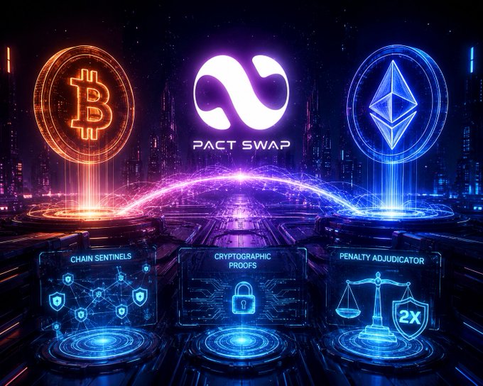A neon-lit graphic for 'PACT SWAP' featuring large glowing Bitcoin and Ethereum logos connected by a digital arch, with smaller modules below labeled 'CHAIN SENTINELS', 'CRYPTOGRAPHIC PROOFS', and 'PENALTY ADJUDICATOR'.