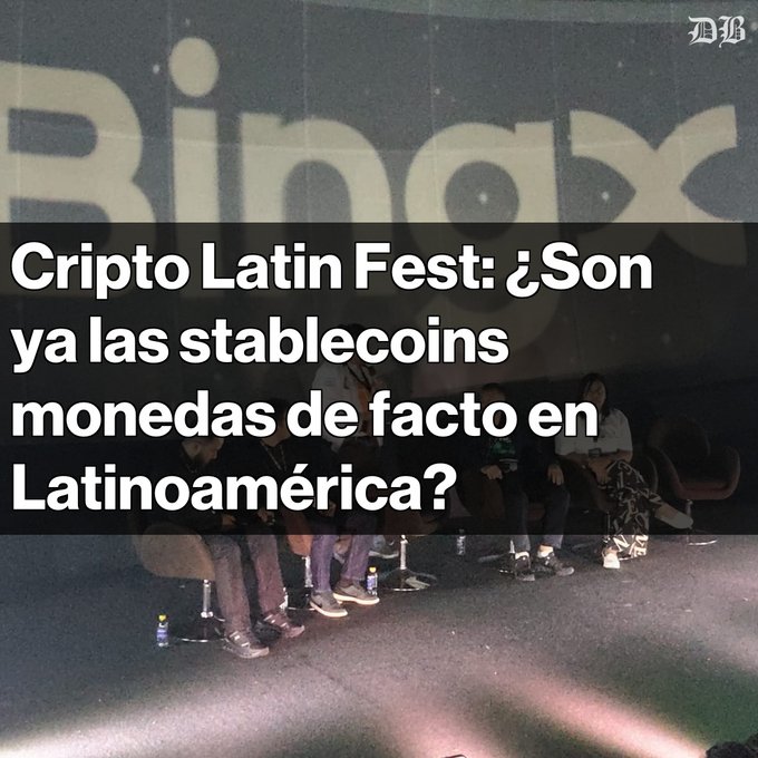 A panel discussion stage at the Cripto Latin Fest features speakers seated against a backdrop displaying the "Ripio" logo, with overlaid text asking "Cripto Latin Fest: ¿Son ya las stablecoins monedas de facto en Latinoamérica?"—visually representing the event where experts debate whether stablecoins have become de facto currencies in Latin America.