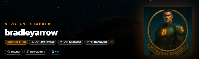 A profile banner for 'bradleyarrow' displaying a 'Sergeant Stacker' avatar, showing stats like 'Founder #336', a '72-Day Streak', '216 Missions', and '13 Deployed'.