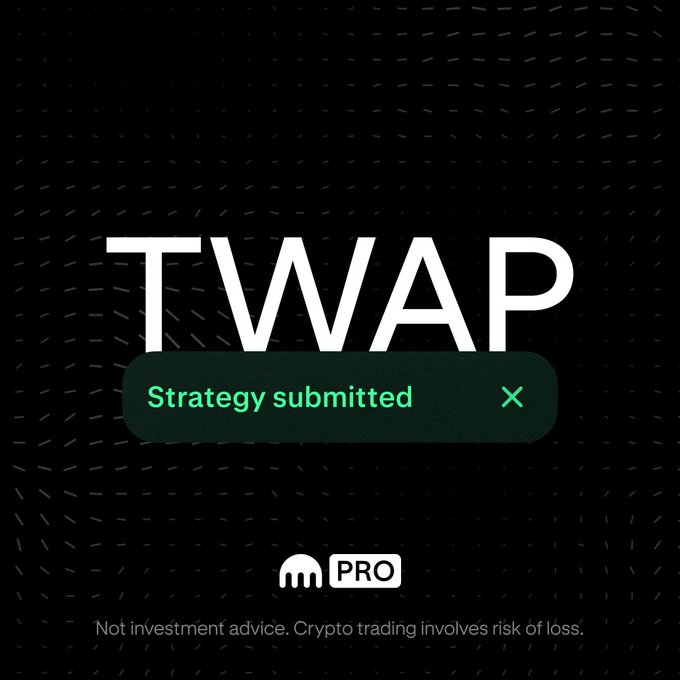 A Kraken Pro graphic announcing "TWAP" with a green "Strategy submitted" confirmation banner, alongside the Kraken Pro logo and a disclaimer that crypto trading involves risk of loss. The image reinforces the post's message by visually showcasing Kraken Pro's newly launched TWAP (Time-Weighted Average Price) feature, which automates order slicing over a user-defined time window.