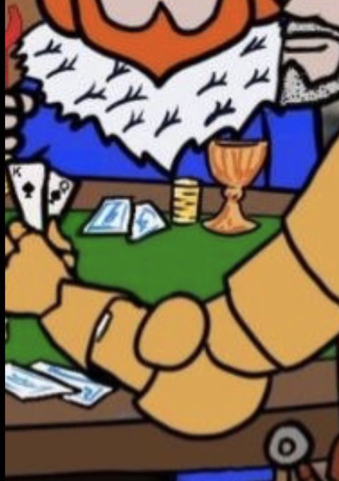 A cartoon king with a red beard and ermine-trimmed robe sits at a green card table holding the King of Spades and a Queen, with a goblet, poker chips, and scattered cards nearby. The royal poker imagery playfully ties to the post's claim that the Ripple CEO is secretly holding an "ace" that will drive $XRP to $3.2 within three weeks.