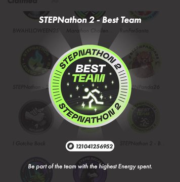 A promotional graphic for 'STEPNathon 2 - Best Team' featuring a running figure icon, with text 'Be part of the team with the highest Energy spent.'