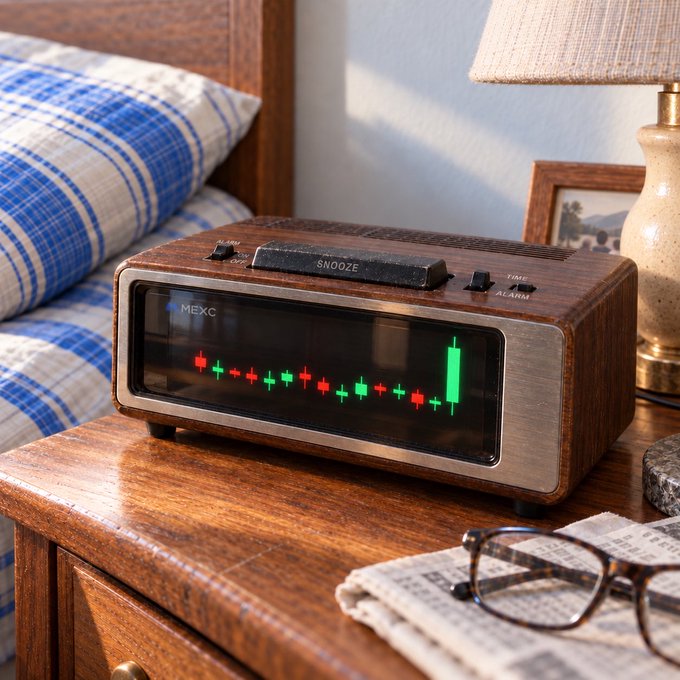 A vintage-style wooden MEXC alarm clock with green and red digital bars on a wooden nightstand, next to a bed with blue plaid pillows, a lamp, framed photo, glasses, and a newspaper.